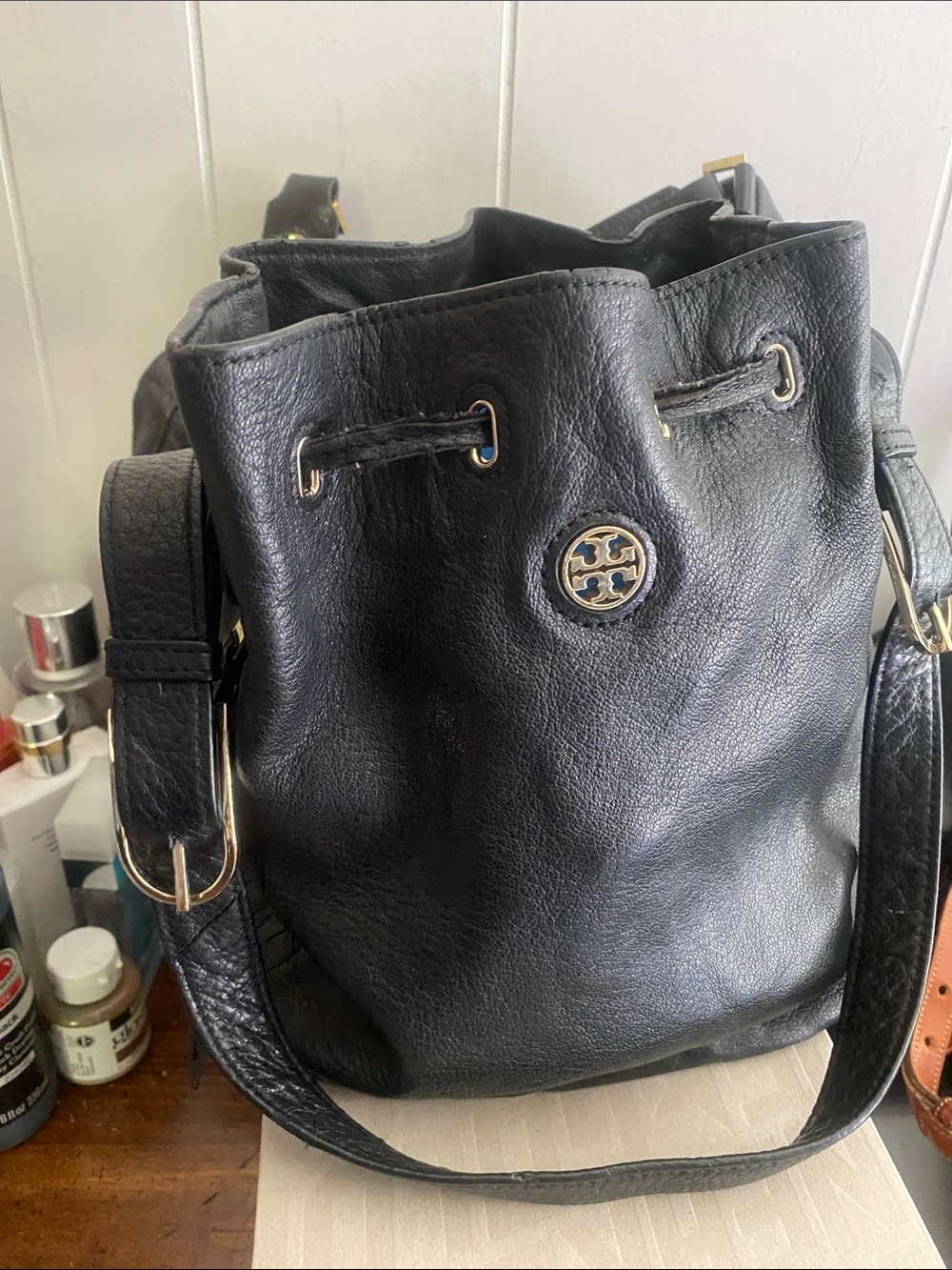 Tory Burch Black Leather Drawstring Shoulder Bucket Bag with Gold Accent